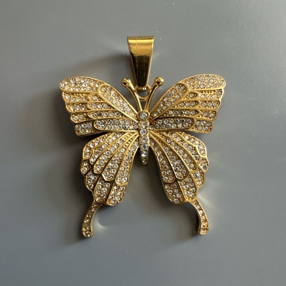Butterfly Gold Tone Pendant 24" Necklace Stainless Steel Gift Her Cubic Zirconia